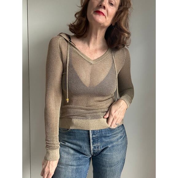 Michael Michael Kors Mesh Sheer Gold Hoodie Sweater Knit Size XS - Picture 8 of 12